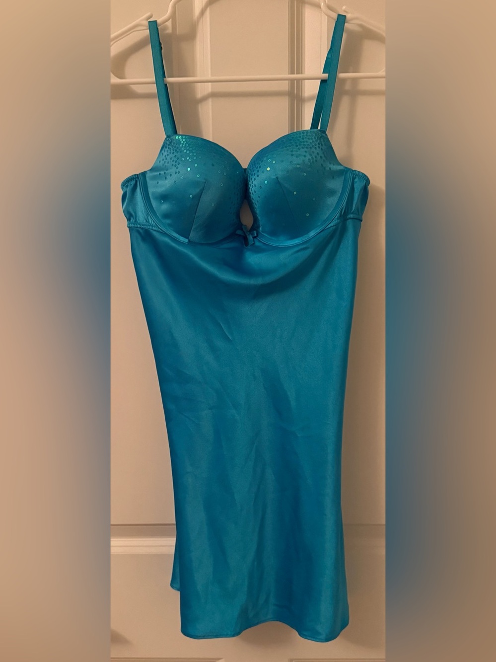 Victoria's Secret Turquoise Satin Strapless Sequin-Embellished Slip Chemise
